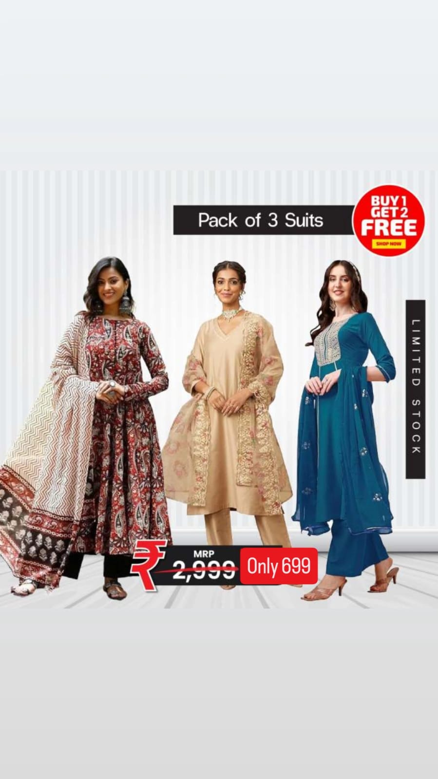 Premium Women 3-Piece Printed Suit Combo (Rust, Multi & White)