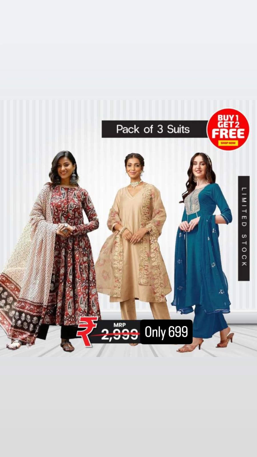 Stylish Women 3-Piece Suit Combo (Pink, Yellow & Cream)